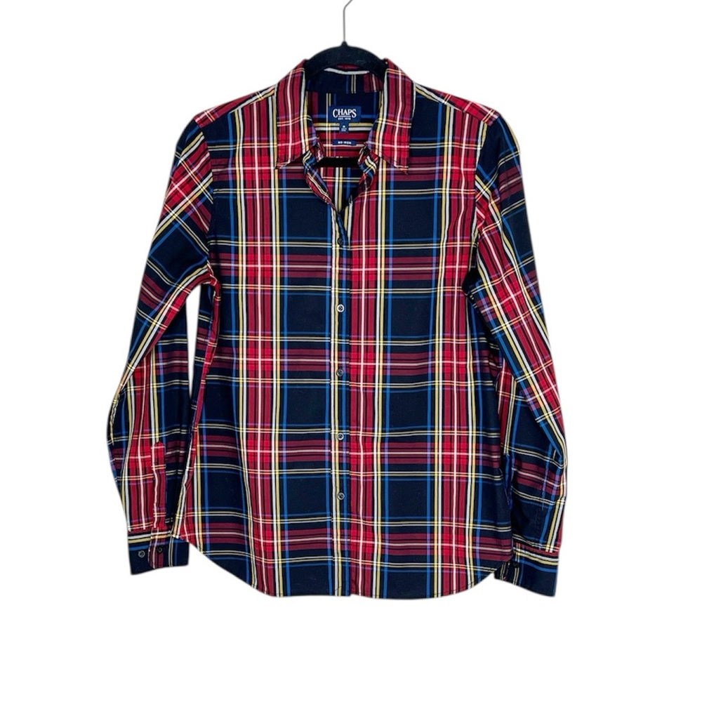 CHAPS Cabincore Classic No-Iron Black and Red Plaid Button Down Shirt sz Medium